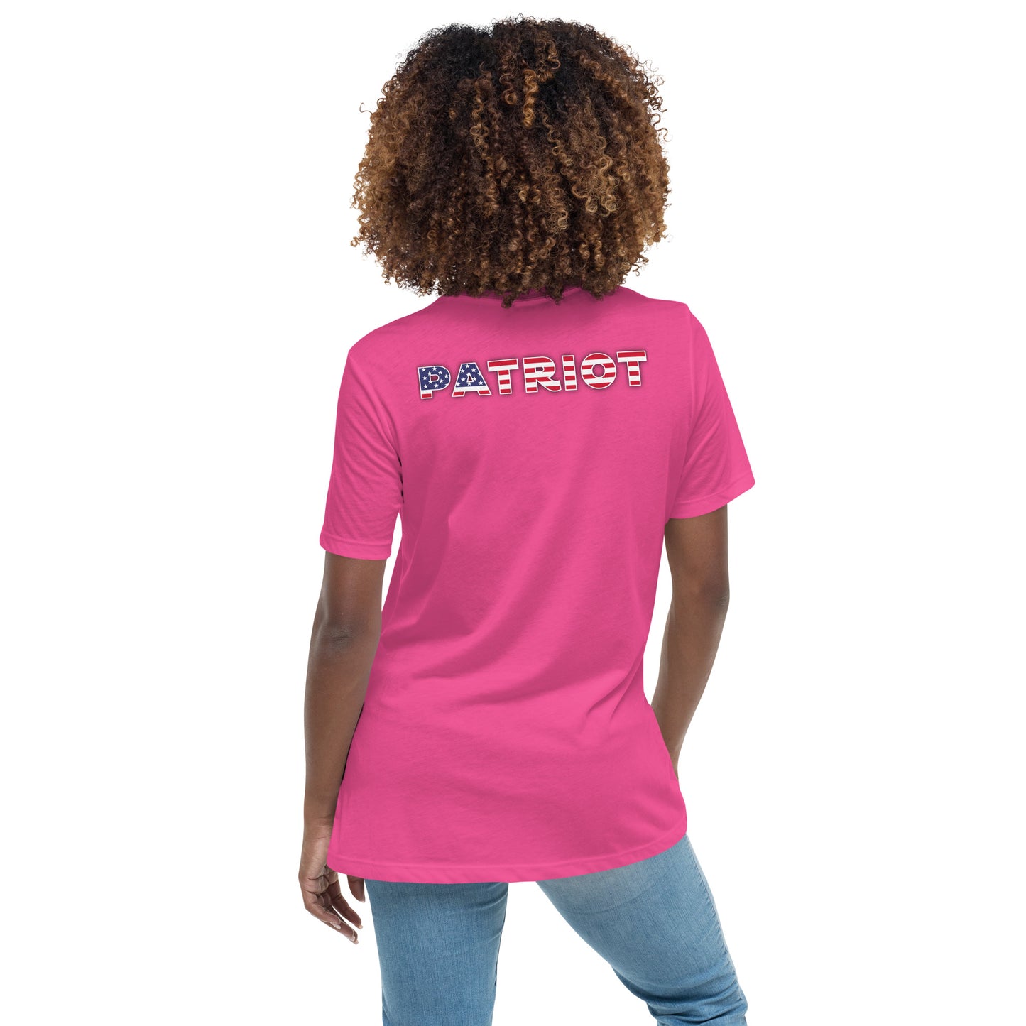 Women's Relaxed T-Shirt, "patriot" on the back, logo with white hands