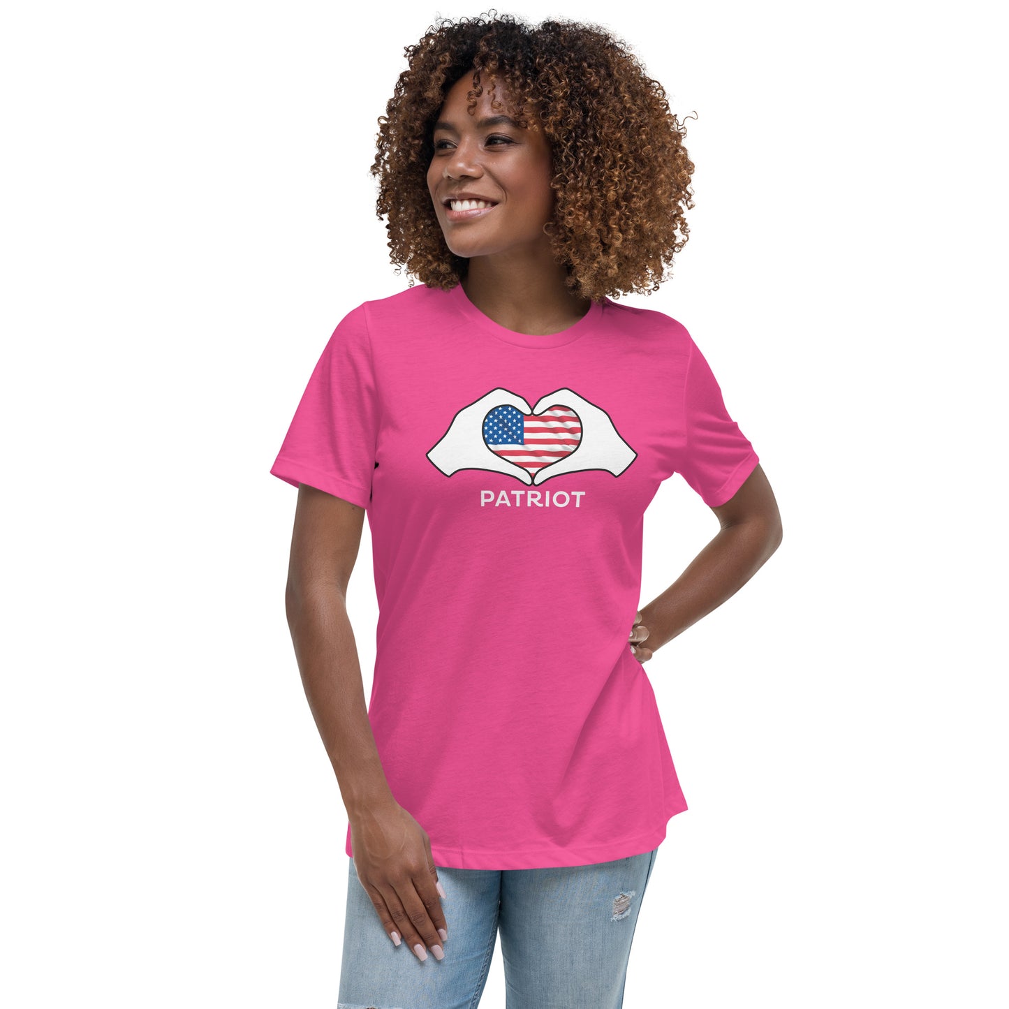 Women's Relaxed T-Shirt, "patriot" on the back, logo with white hands