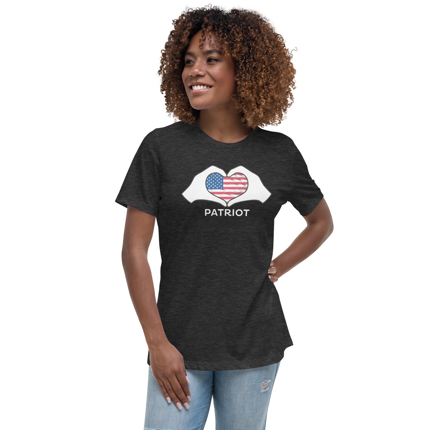 Women's Relaxed T-Shirt, "patriot" on the back, logo with white hands