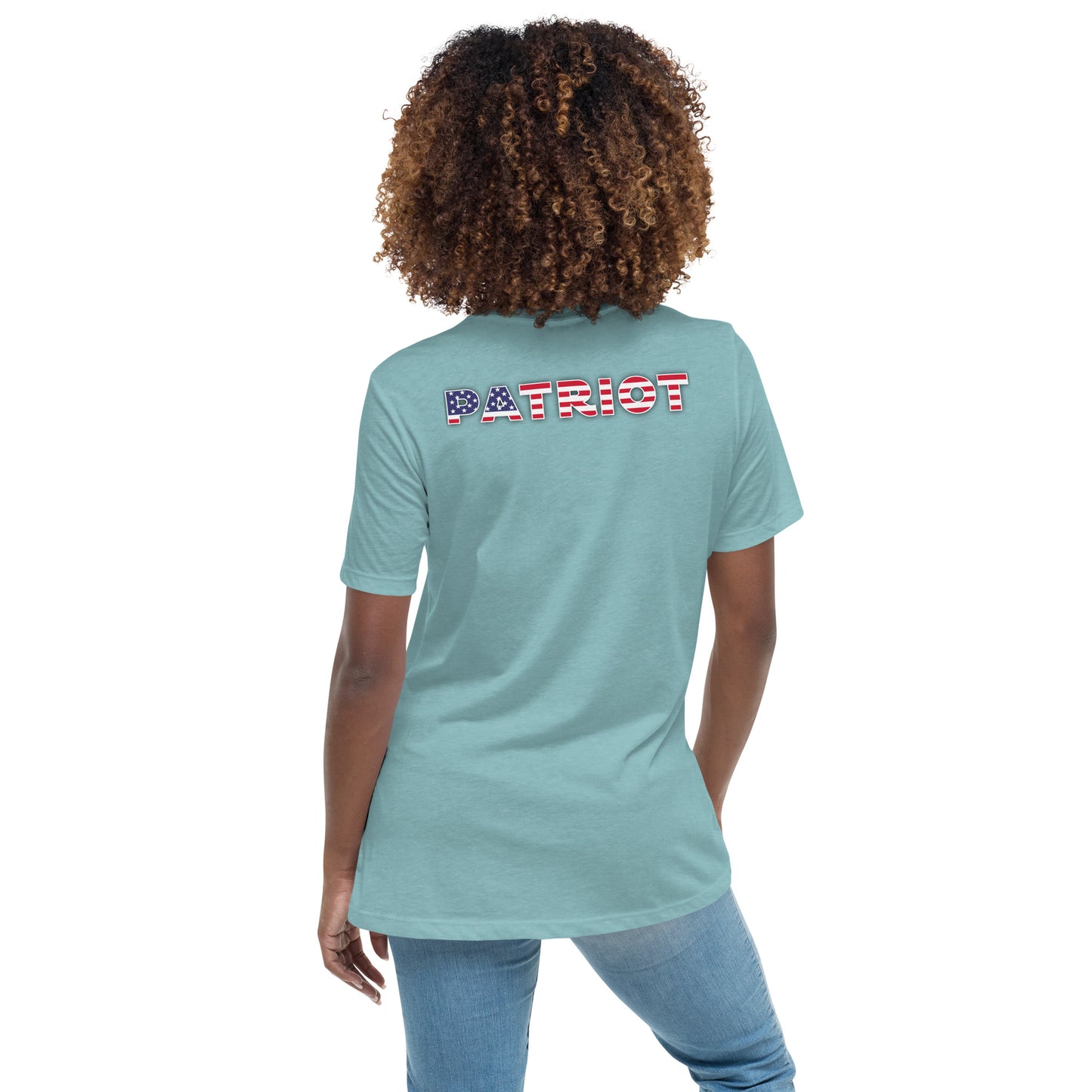 Women's Relaxed T-Shirt, "patriot" on the back, logo with white hands