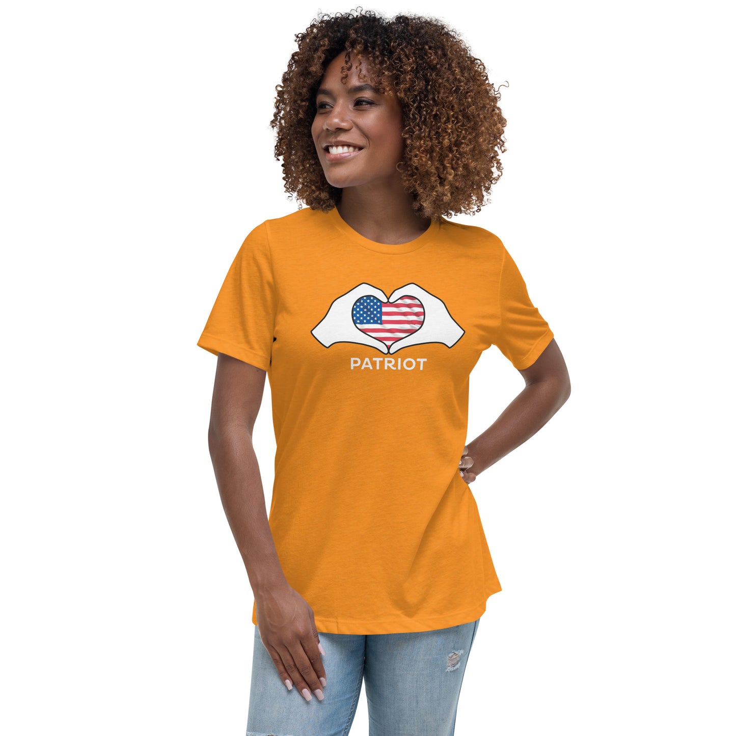 Women's Relaxed T-Shirt, "patriot" on the back, logo with white hands