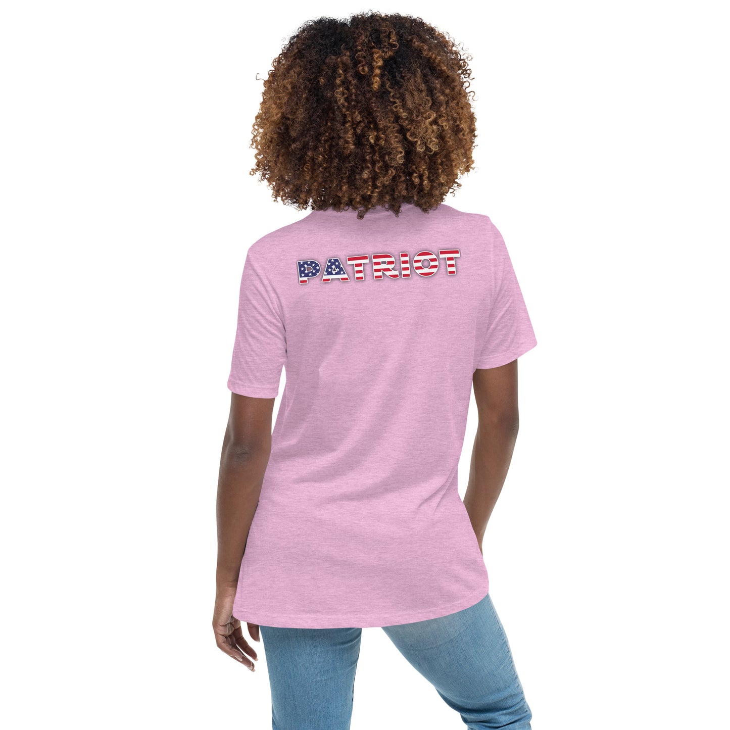 Women's Relaxed T-Shirt, "patriot" on the back, logo with white hands