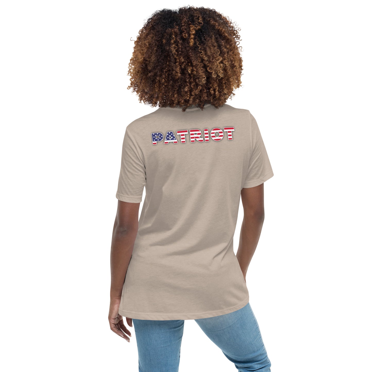 Women's Relaxed T-Shirt, "patriot" on the back, logo with white hands