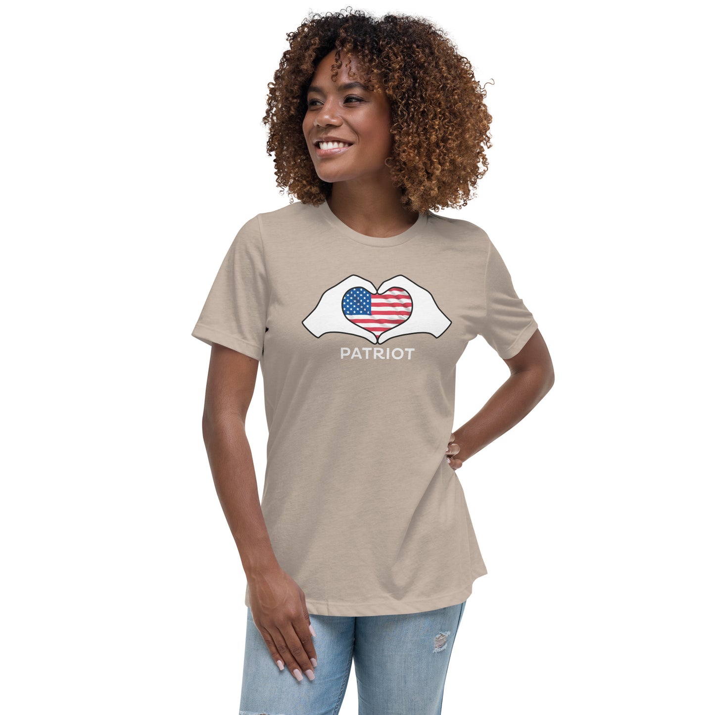 Women's Relaxed T-Shirt, "patriot" on the back, logo with white hands