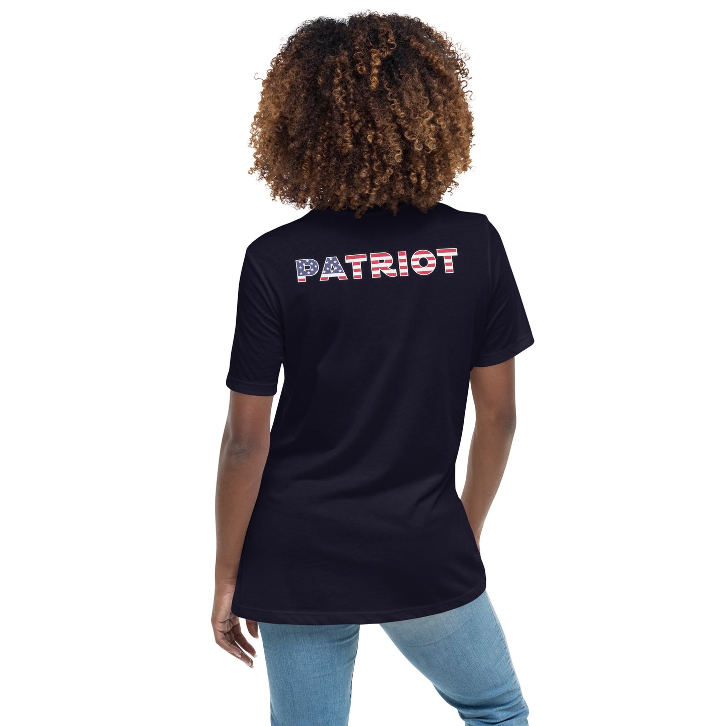 Women's Relaxed T-Shirt, "patriot" on the back, logo with white hands