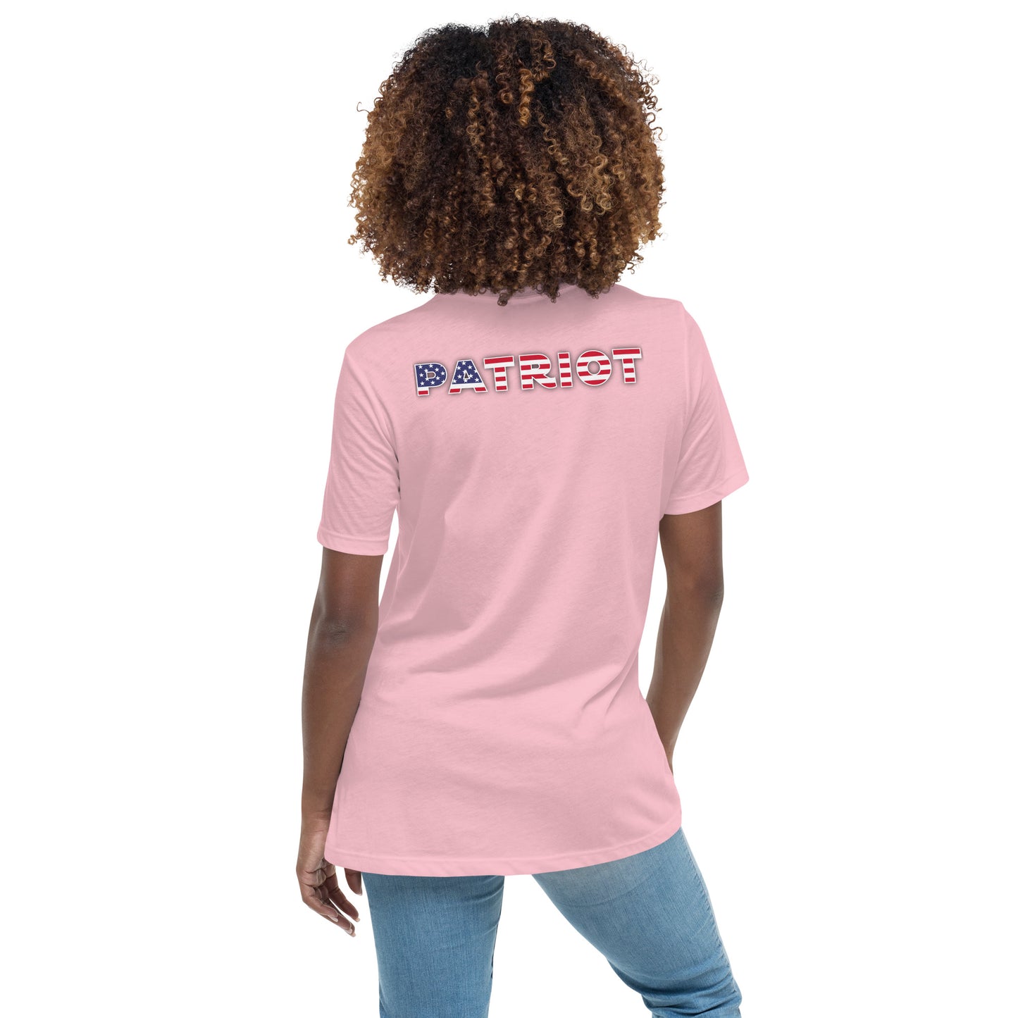 Women's Relaxed T-Shirt, "patriot" on the back, logo with white hands