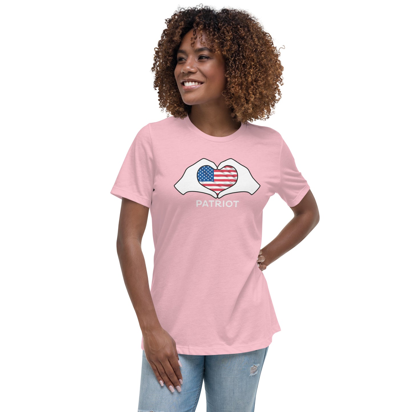 Women's Relaxed T-Shirt, "patriot" on the back, logo with white hands