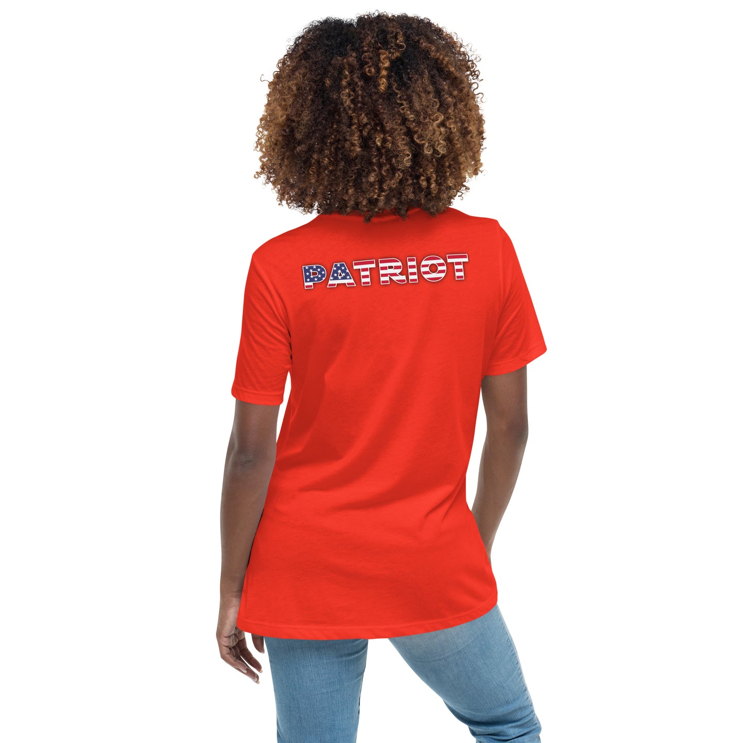 Women's Relaxed T-Shirt, "patriot" on the back, logo with white hands