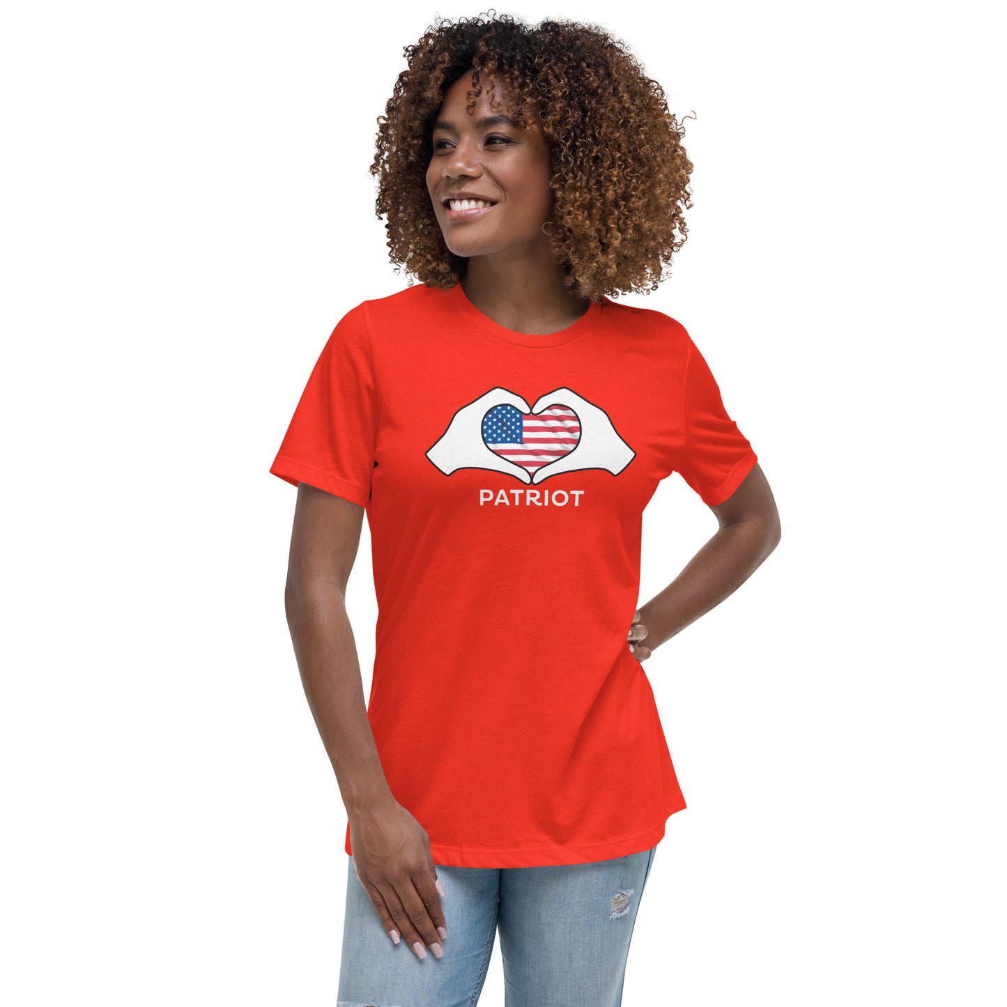 Women's Relaxed T-Shirt, "patriot" on the back, logo with white hands